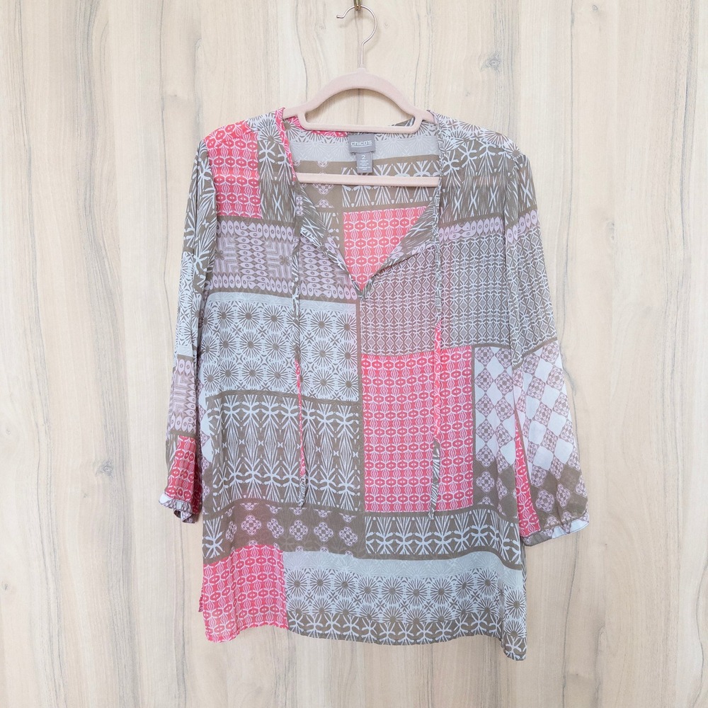 Chico's Women Patchwork Blouse L Pink Tan Sheer 3/4 Sleeve Boho Lightweight Airy